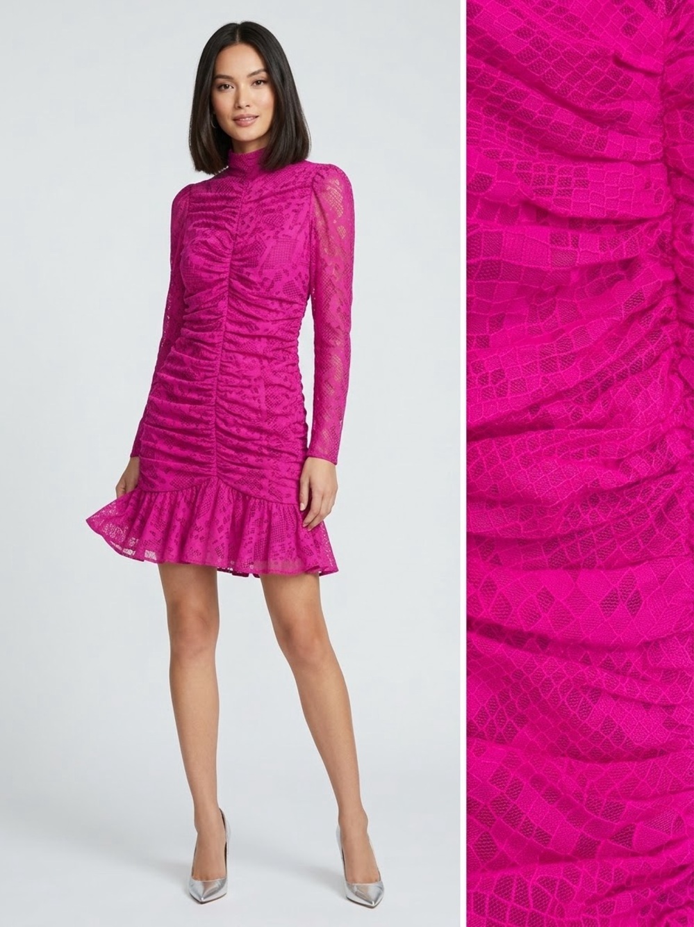 SAYLOR Marcey Ruched Snakeskin Lace Mini Dress Fuchsia Pink S